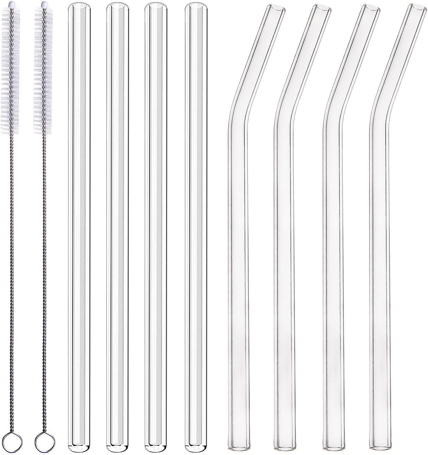 ALINK Glass Smoothie Straws, 10 x 10 mm Long Reusable Clear Drinking Straws, Pack of 8 with 2 Cleaning Brush,