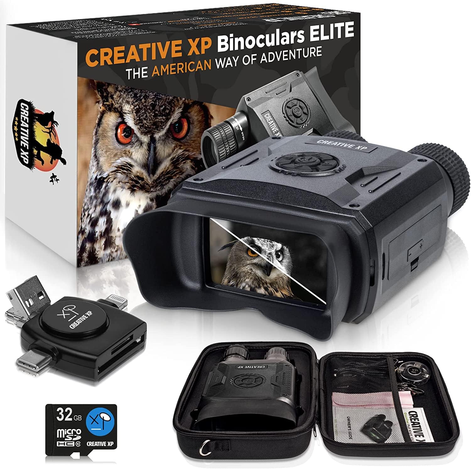 CREATIVE XP Night Vision Binoculars Elite - Digital Infrared, 2.31" Screen, 4X Zoom - Essential Deer Hunting Accessories, Tactical Gear, Security Goggles, Military Grade - 128GB Card, Neck Strap, Case