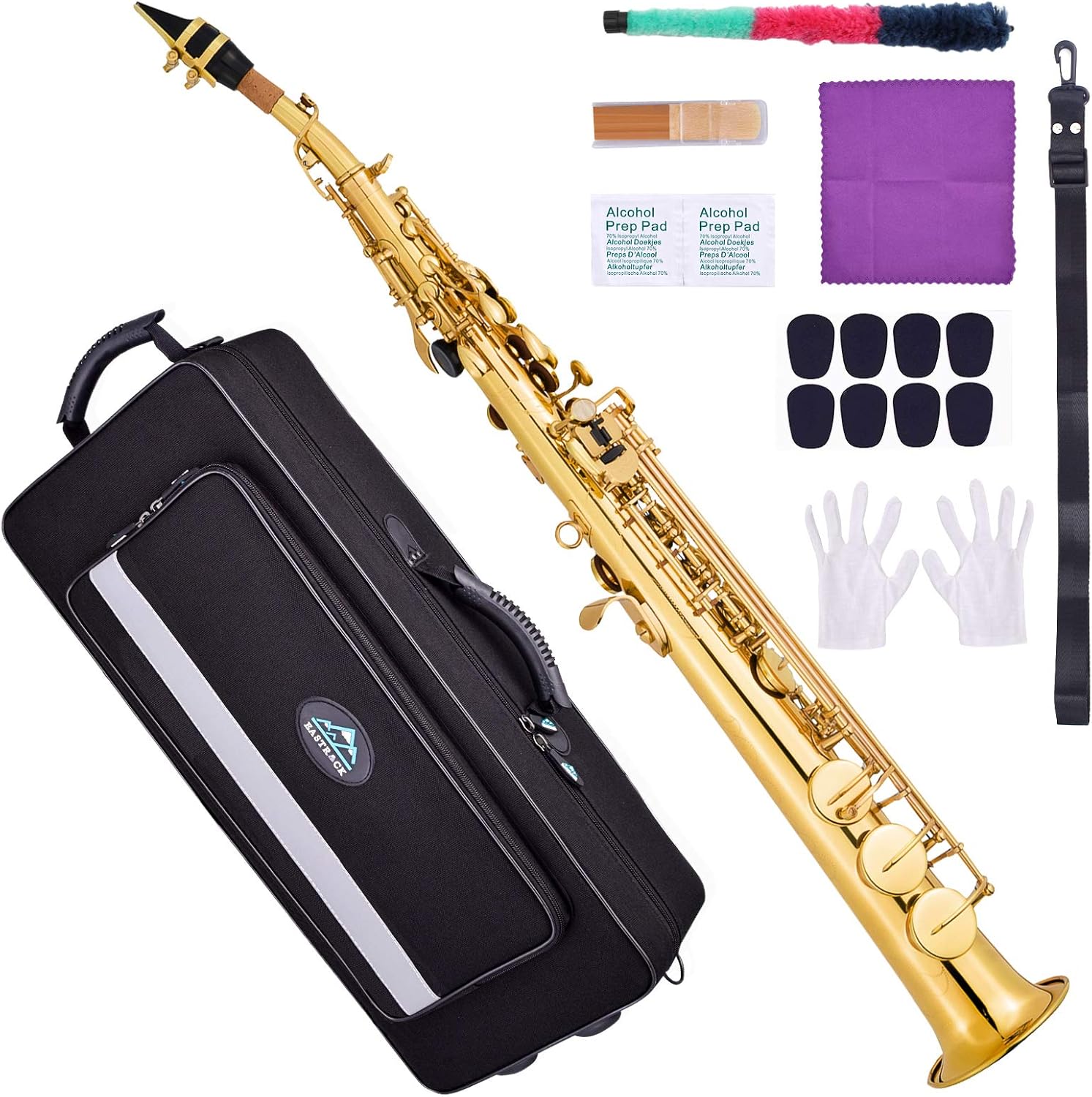 EASTROCK Bb Soprano Saxophone Straight Gold Laquer Sax Instruments for Beginners Students Intermediate Players with Carrying Case,Mouthpiece,Pads,Reed,Cleaning kit,neck Strap,White Gloves