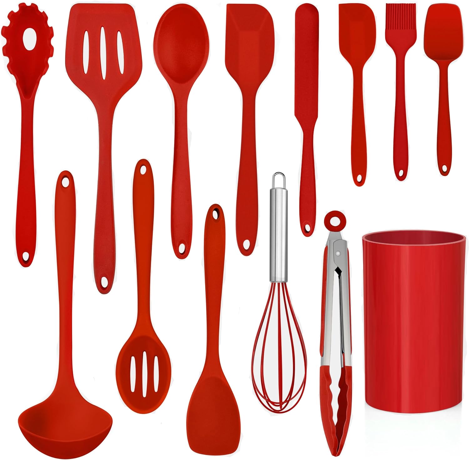 LIANYU 14 Pcs Cooking Utensils Set with Holder, Heat Resistant Silicone Kitchen Cookware Utensils Set, Kitchen Cooking Tools Includes Spatula Spoon Turner Whisk Tong, Dishwasher safe, Red