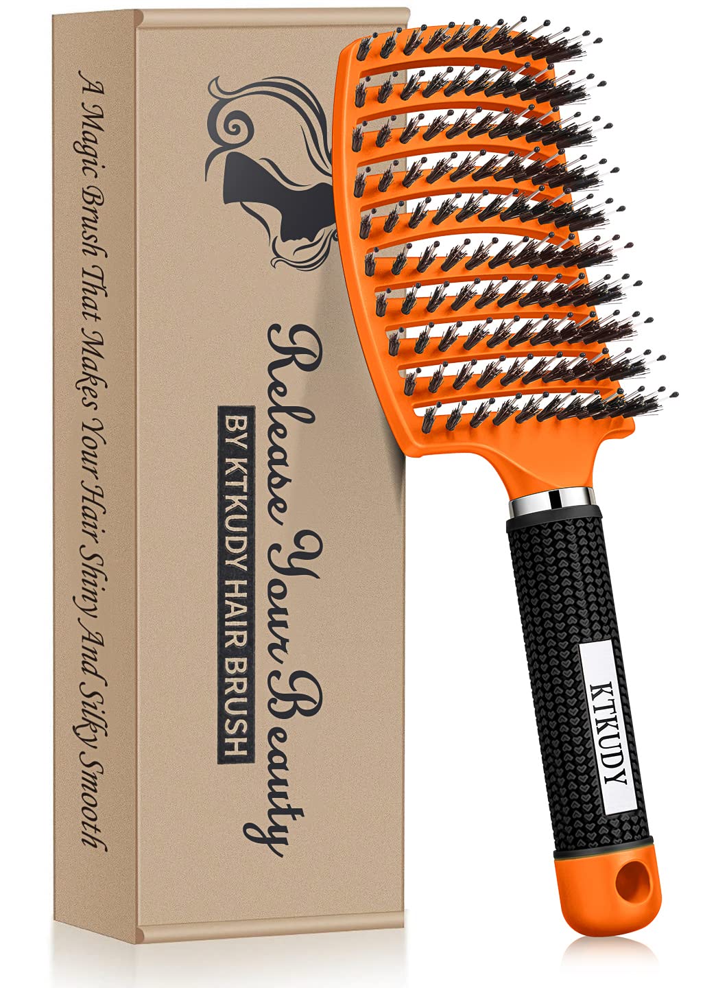 KTKUDY Detangling Brush Boar Bristles Hair Brush Make Hair Shiny & Healthier Curved and Vented Detangler Brush for Women Men Kids Wet and Dry Hair (Orange)