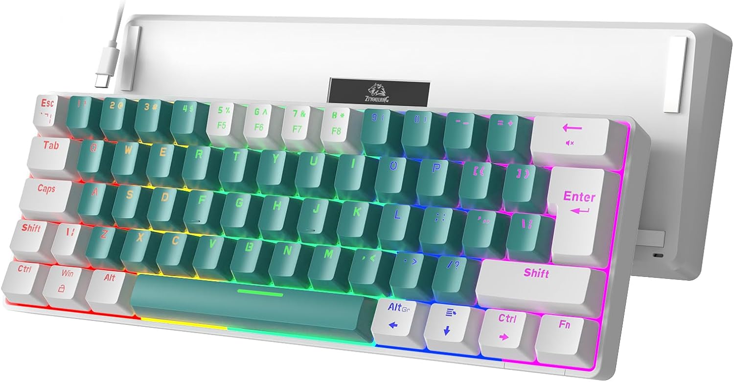 ZIYOU LANG T60 Wired 60% TKL Mechanical Gaming Keyboard with Led Rainbow Backlight Ultra-Compact NKRO Tactile Clicky Blue Switch Dual-Color ABS Keycap for Windows Laptop PC Mac Gamer(White/Green)