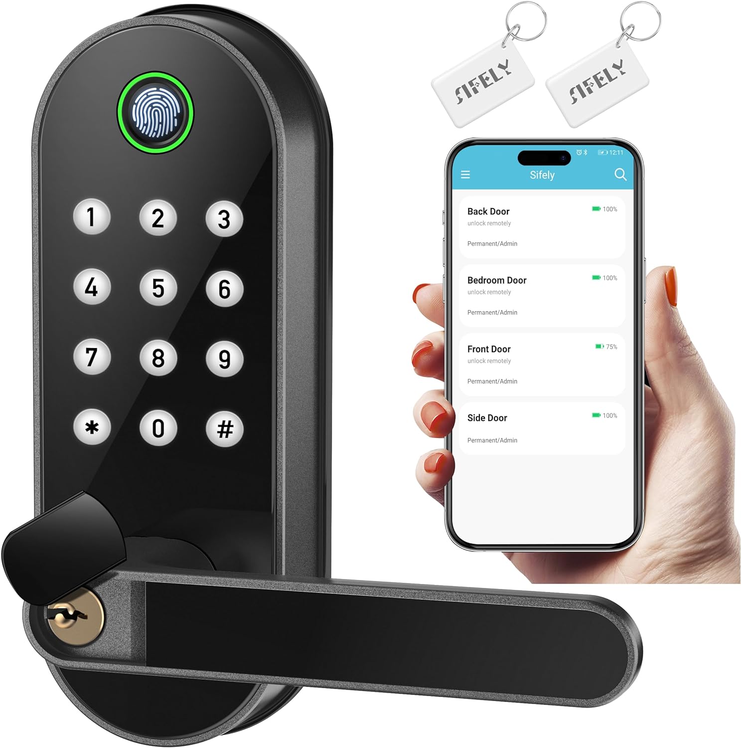 Keyless-Entry Fingerprint Smart Door Lock: Sifely Digital Electronic Lock with Code Passcode, Electric Door Knob, Biometric Handle, Perfect for Entry Doors, Bedroom Doors (Black)