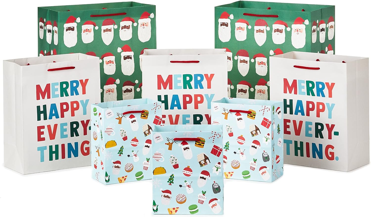 Hallmark Holiday Gift Bag Assortment (8 Bags; 3 Small 6", 3 Medium 9", 2 Large 13") Multicultural Santa Claus, Merry Happy Everything, Tacos, Donuts, Pizza, for Kids, Teachers, Foodies