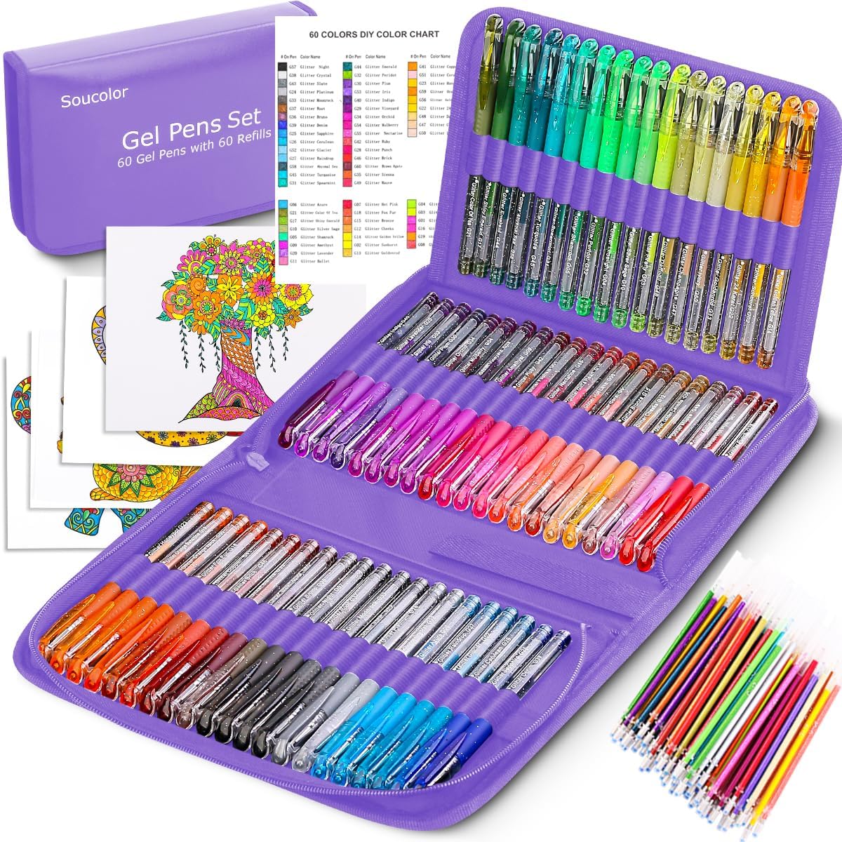 Soucolor Glitter Gel Pens for Adult Coloring Books, 120 Pack-60 Glitter Pens, 60 Refills and Travel Case, 40% More Ink Markers Set for Drawing Doodling Journaling Craft Art Supplies, Violet