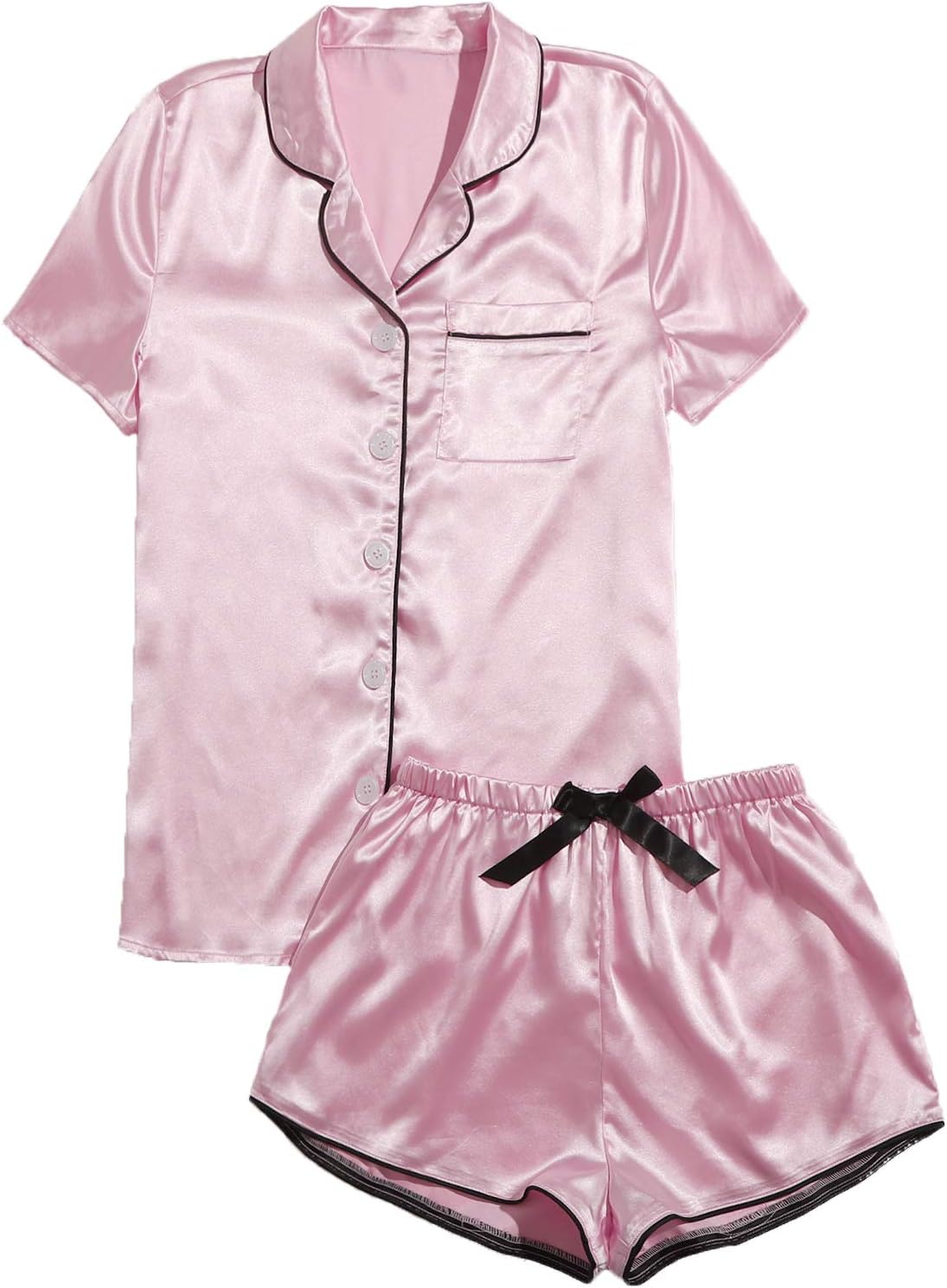 WDIRARA Women' Sleepwear Satin Short Sleeve Shirt and Shorts Pajama Set