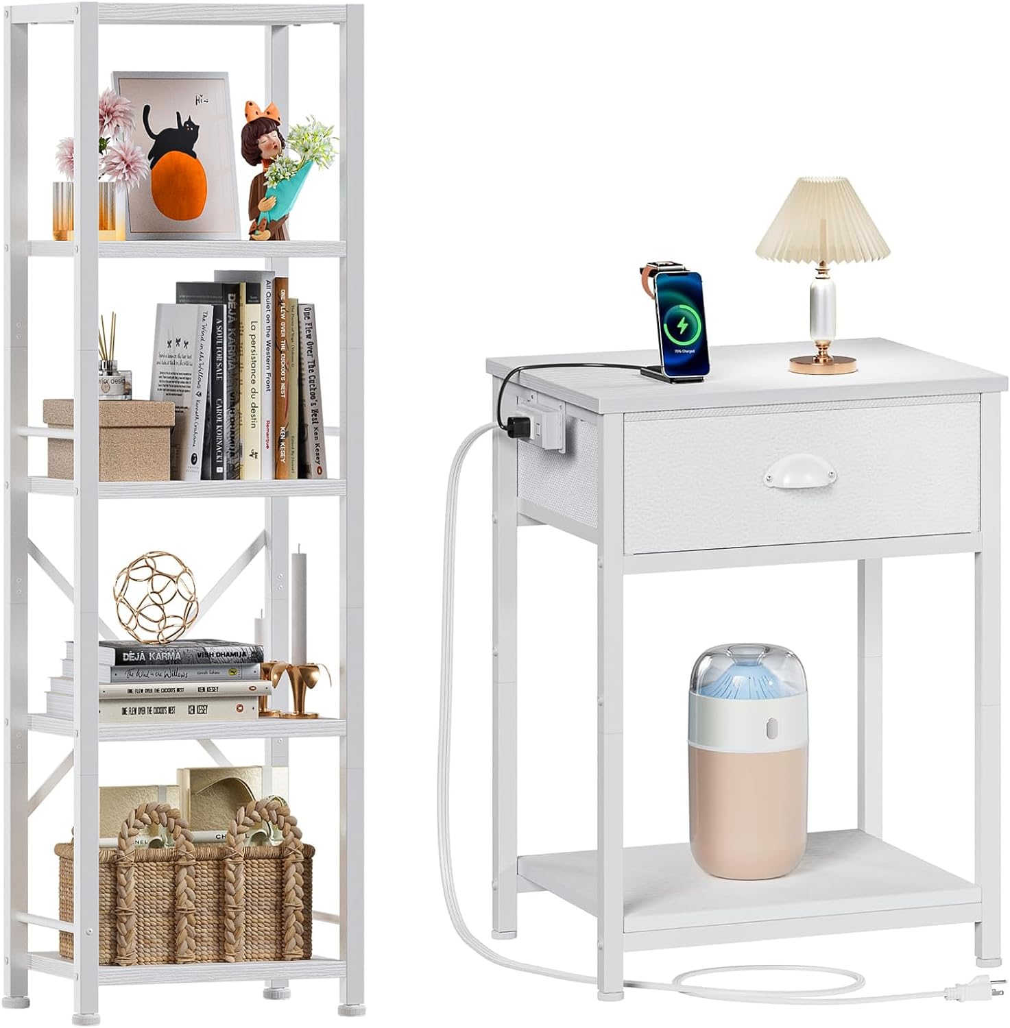 Furologee+White+Bookshelf+and+Nightstand+with+Charging+Station%2c+5+Tier+Tall+Narrow+Bookcase%2c+Small+Bed+Side+Table+with+Fabric+Drawer%2c+Modern+Freestanding+Shelf+Units