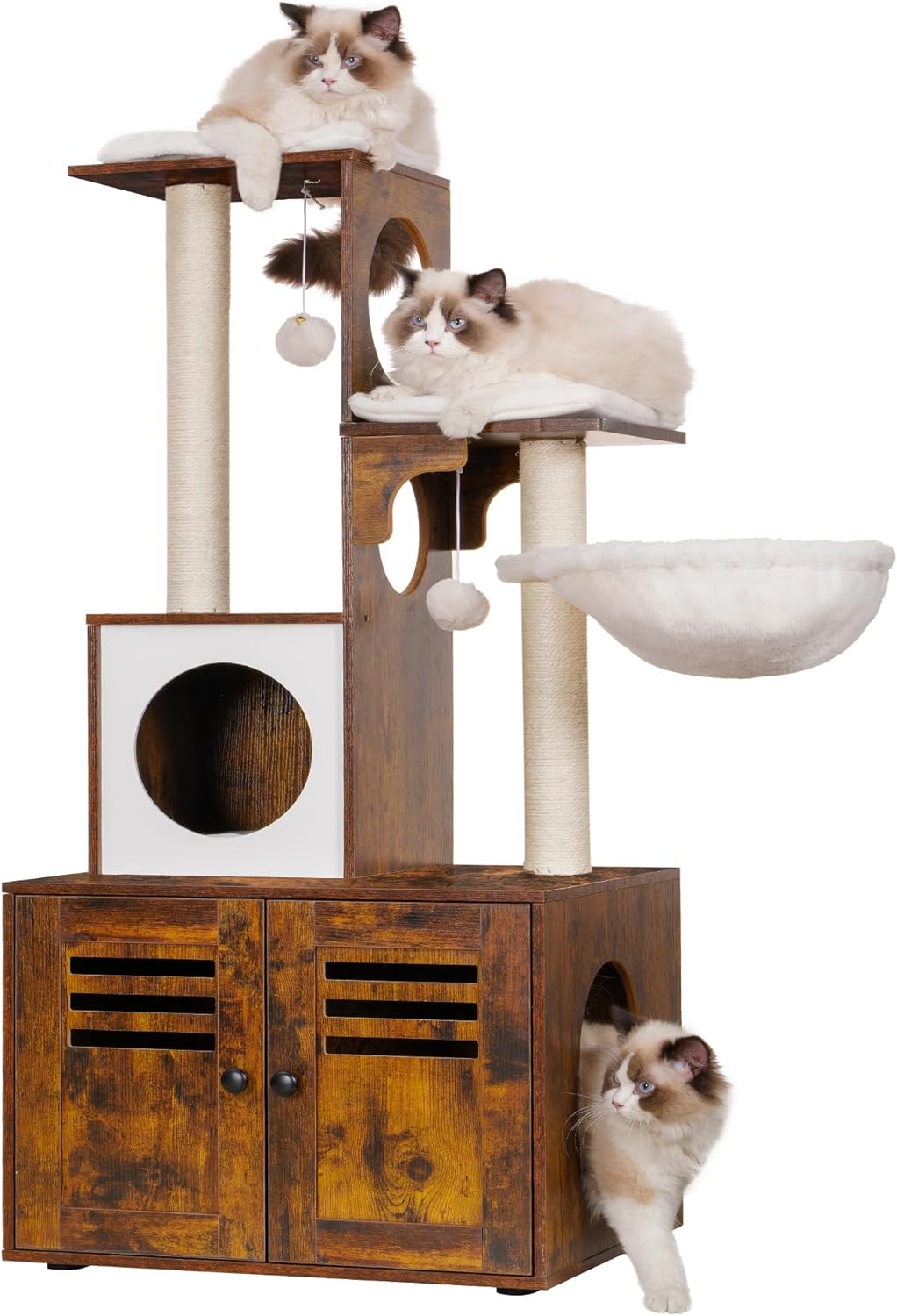 I love this product so much! It enabled us to have the litter box hidden out of sight & keeps our kitty from slinging litter all over the room. Very sturdy. Easy assembly. All parts were included with easy instructions. Love that it has a food bowl so you can keep food up and away from the dog if necessary. My cat likes the scratching posts and the enclosed box bed the best. Got this on sale for $94 and I'm so glad that we decided to purchase! This product is worth this price!!