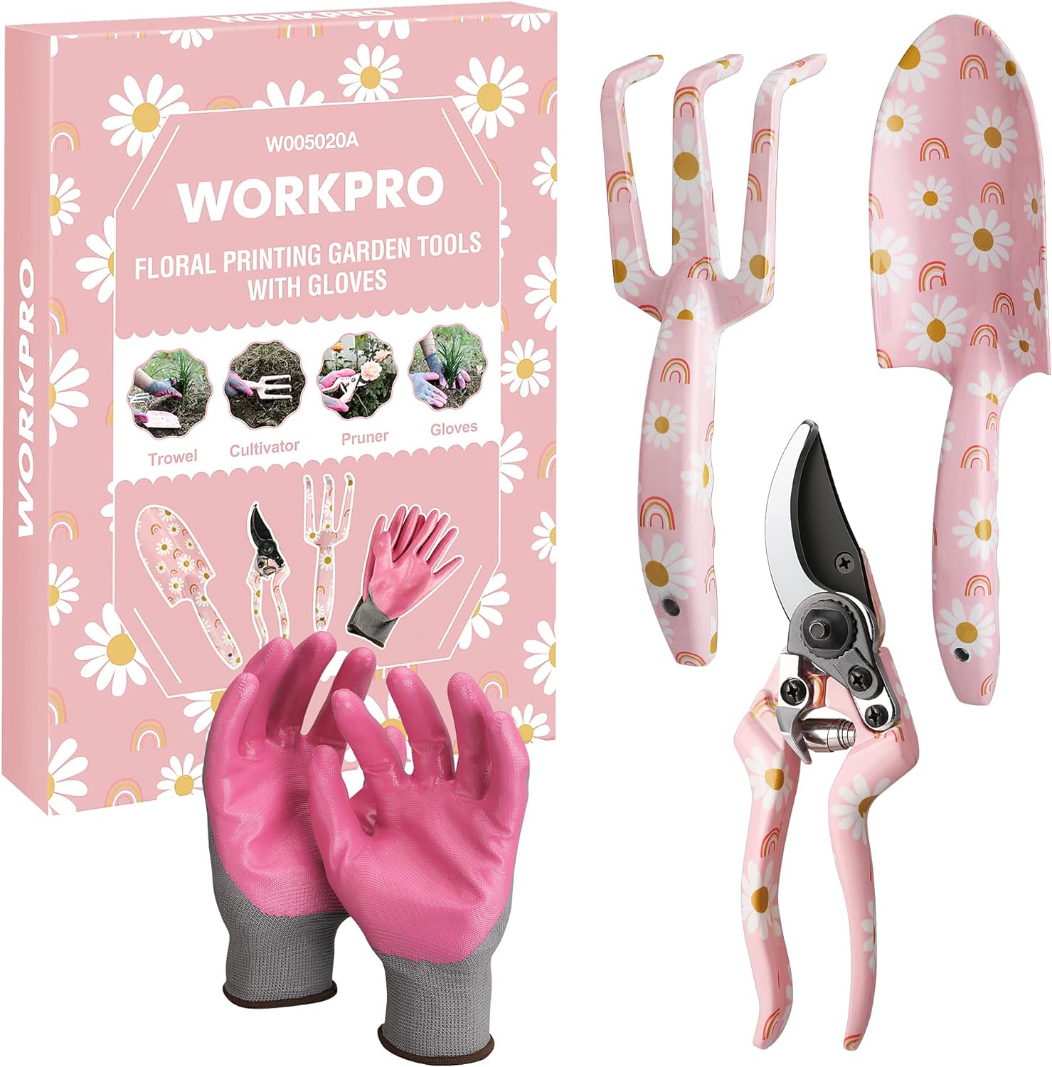 WORKPRO Aluminum Garden Tool Set, 4PCS Heavy Duty Hand Garden Tools with Box Include Trowel, Rake, Pruner, Garden Gloves, Pink, Garden Gifts