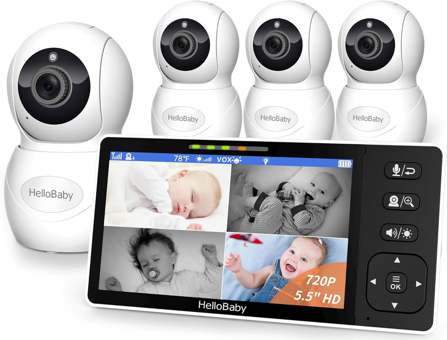 HelloBaby 5.5 720P HD Video Baby Monitor No WiFi, 4 Cameras Baby Monitors, Split Screen Remote Pan/Tilt/Zoom Baby Monitor, Wide View Range, 1080P Camera, Night Light, 4000mAh Battery, Ideal Gift