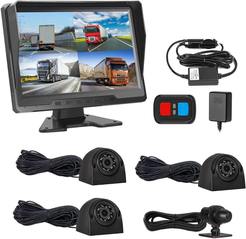 VSYSTO 4CH HD 1080P Backup Camera, 10.1'' Monitor Truck Dash Cam for Semi Trailer Truck Van Tractor RV, Front & Sides & Rear Cameras, GPS, Infrared Night Vision Lens, Temperature Sensor