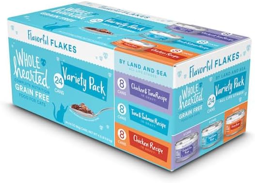 WholeHearted Grain Free by Land and Sea Flaked Wet Cat Food Variety Pack for All Life Stages, 2.8 oz., Count of 24