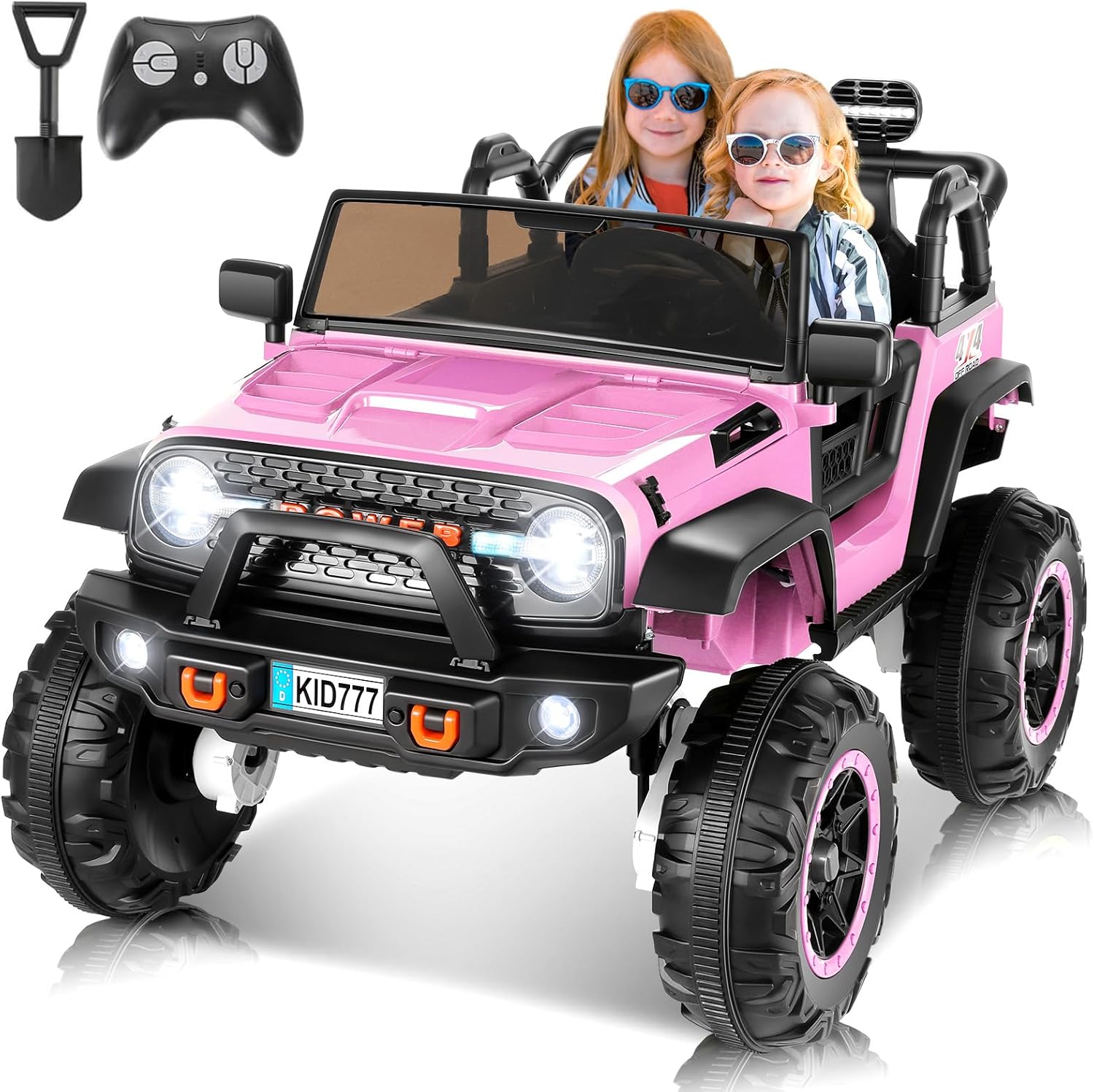 Hikole 24V 2 Seater Kids Ride on Car Truck with Remote Control, 4WD/2WD Electric Kids Car with 4x4 Powerful Engine, Spring Suspension, Music, 20 Extra Wide Seat, Colorful LED Lights, Pink