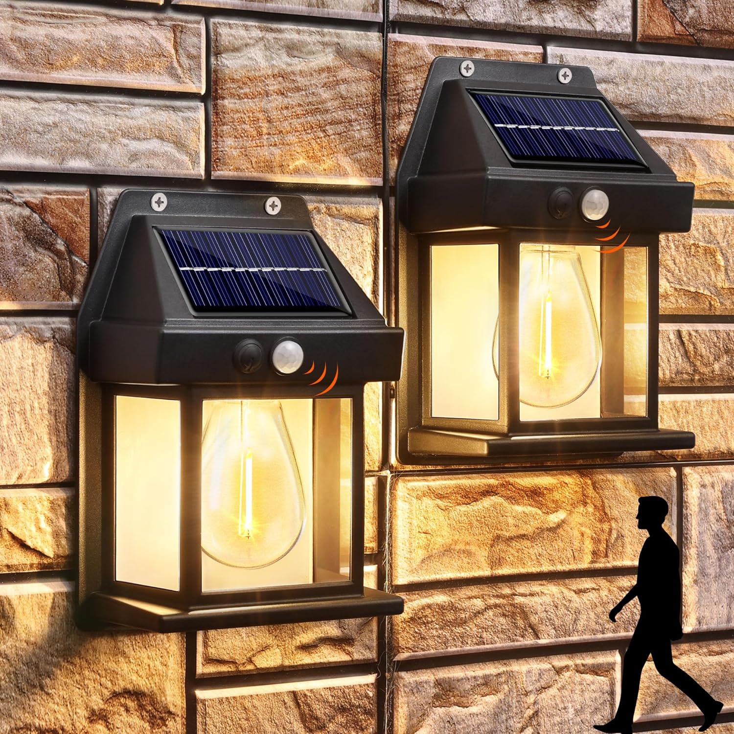 Joomer 2 PACK Solar Wall Lights Outdoor, Dusk to Dawn Porch Lights Fixture, Solar Wall Lantern with 3 Modes & Motion Sensor, Waterproof Solar Sconce Lights with Clear Panel for Entryway Front Door