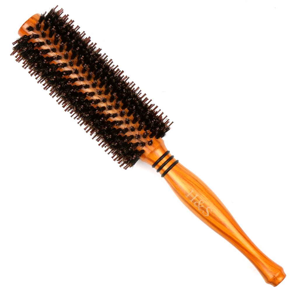 H&S Wooden Round Hair Brush - Wood Natural Boar Bristle - Anti Static Round Brush - Boar Bristle Hair Brush - Anti Frizz Hair Brush - Boar Round Brush For Blow Drying - Wooden Round Hair Brush