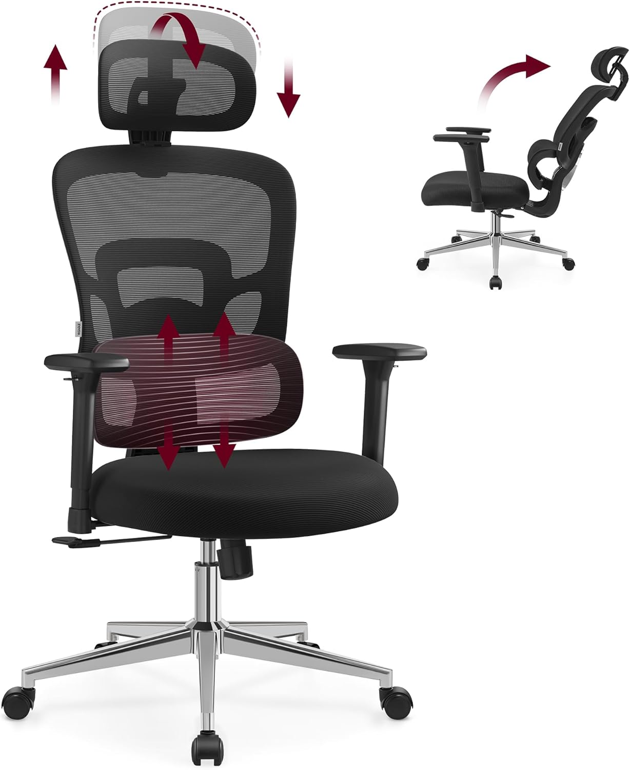 VASAGLE Ergonomic Office Chair, High Back Desk Chair, Mesh Computer Chair with Height Adjustable Lumbar Support, Adjustable 3D Headrest and Armrests, for Home Office, Ink Black UOBN070B21