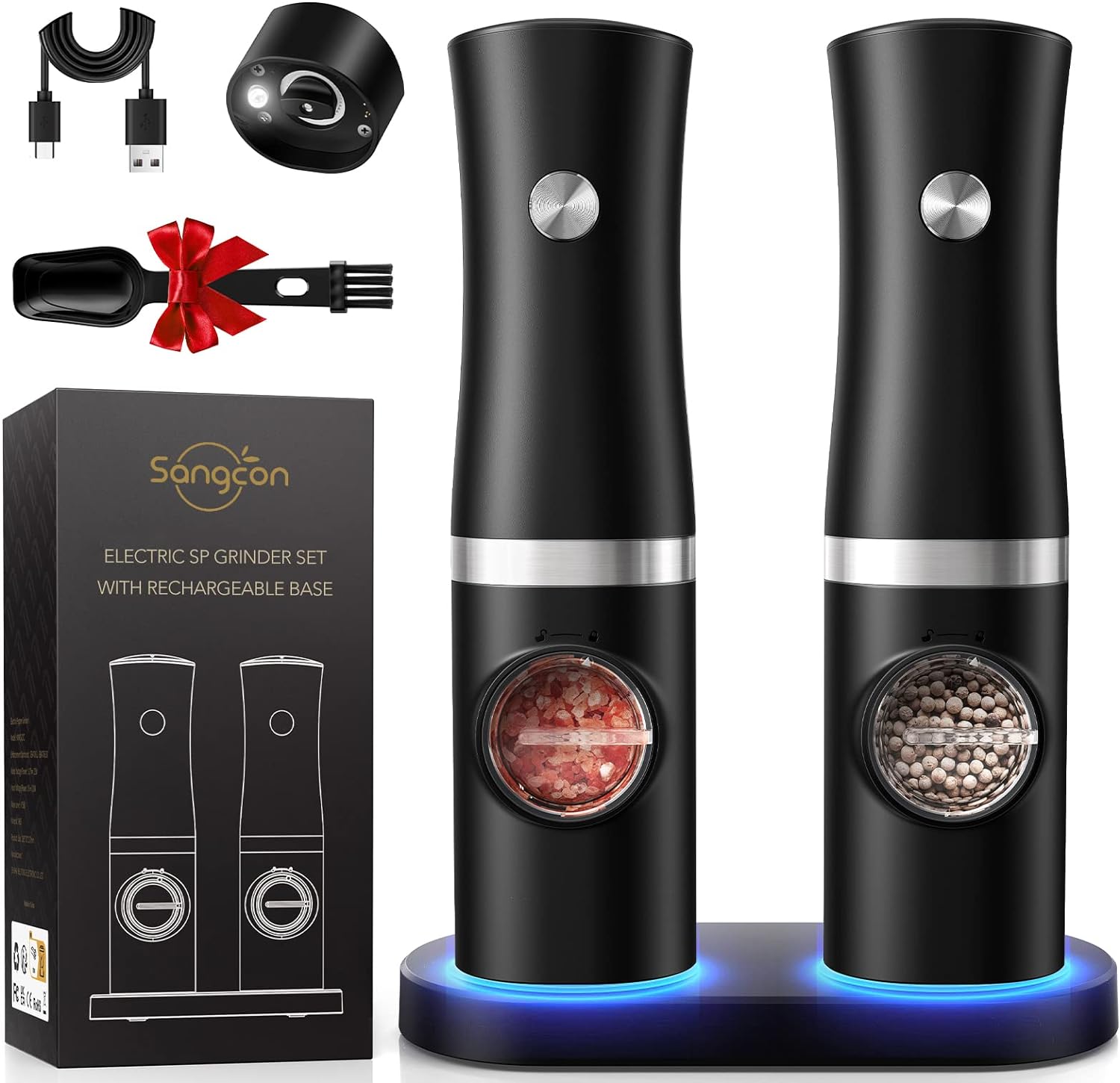 Sangcon Electric Salt and Pepper Grinder Mill Set of 2, Automatic Salt Pepper Grinder with Rechargeable Base LED light, Adjustable Coarseness,One-handed Operation, Refillable Spice Mill Shakers