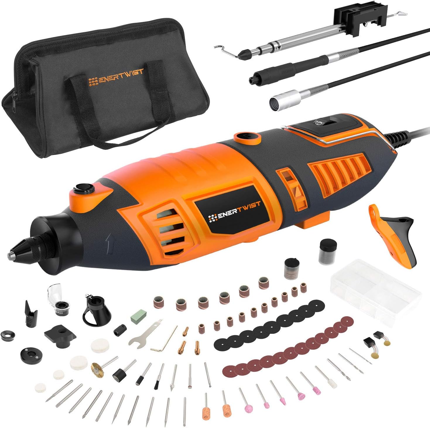 EnerTwist Rotary Tool Kit with MultiPro Keyless Chuck, 36 Flex Shaft, 10 Universal Attachments and 130 Accessories, Variable Speed Electric Drill Set for Home DIY and Crafting Projects, ET-RT-170