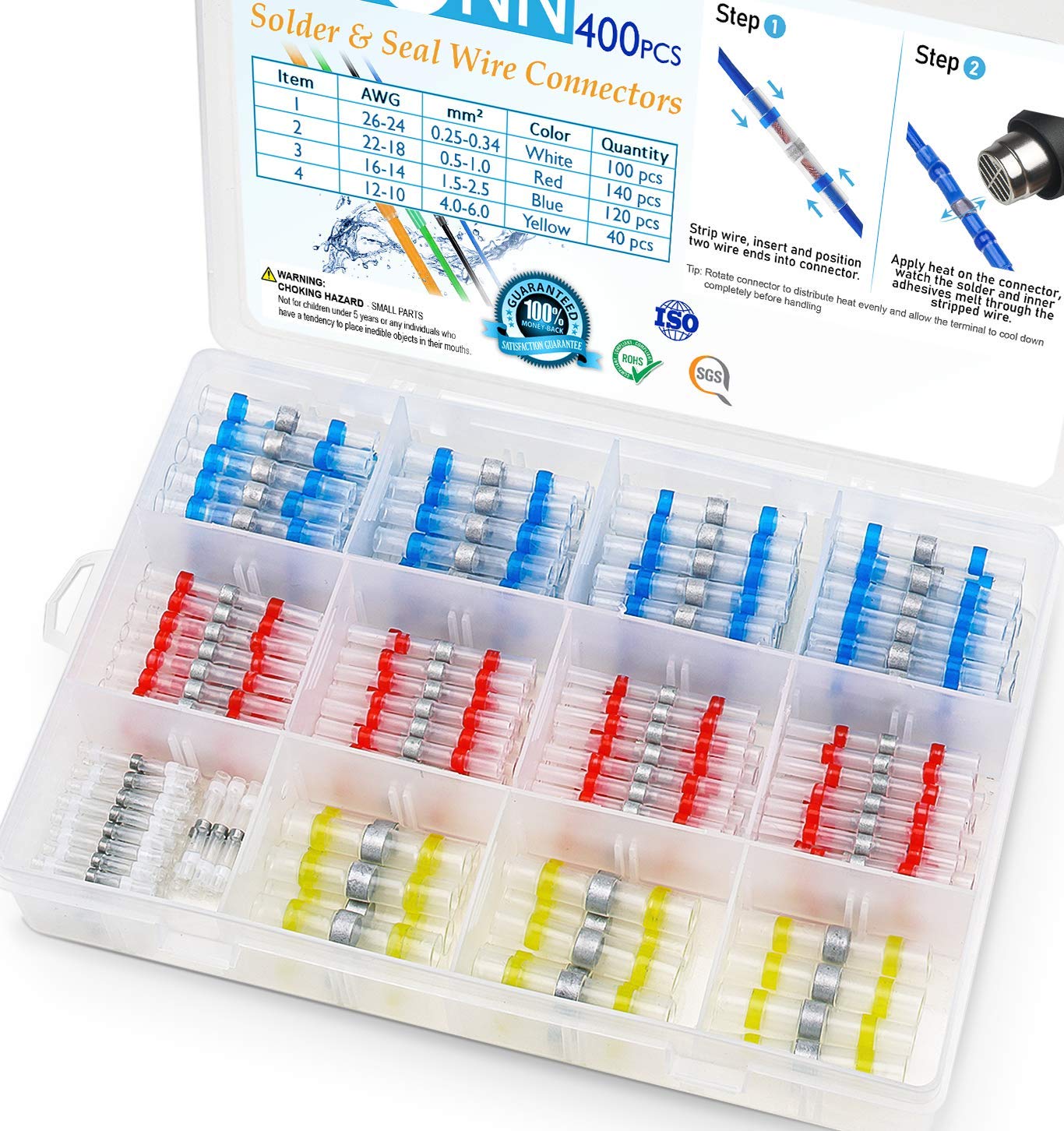 TICONN 400 Pcs Solder Seal Wire Connectors, Heat Shrink Butt Connectors, Waterproof and Insulated Electrical Wire Terminals, Butt Splice (400PCS)