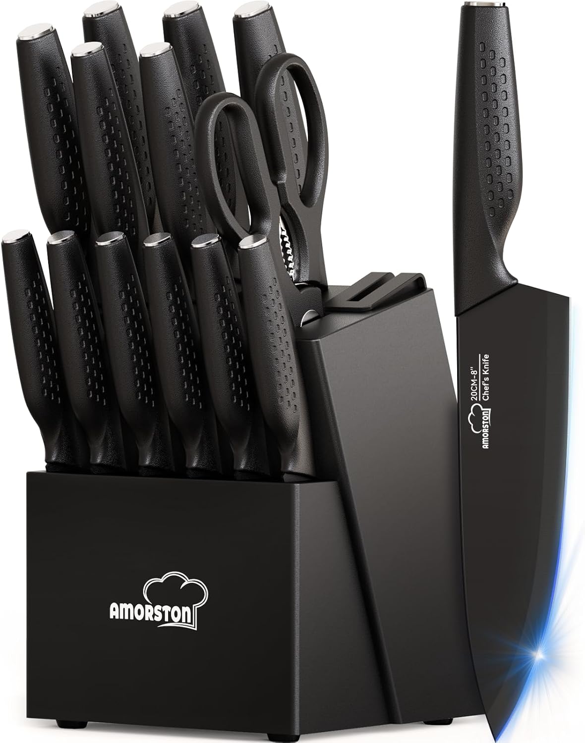 Knife Set, 15 Pieces Kitchen Knife Set with Built in Knife Sharpener Block, Dishwasher Safe, German Stainless Steel Knife Block Set, Elegant Black