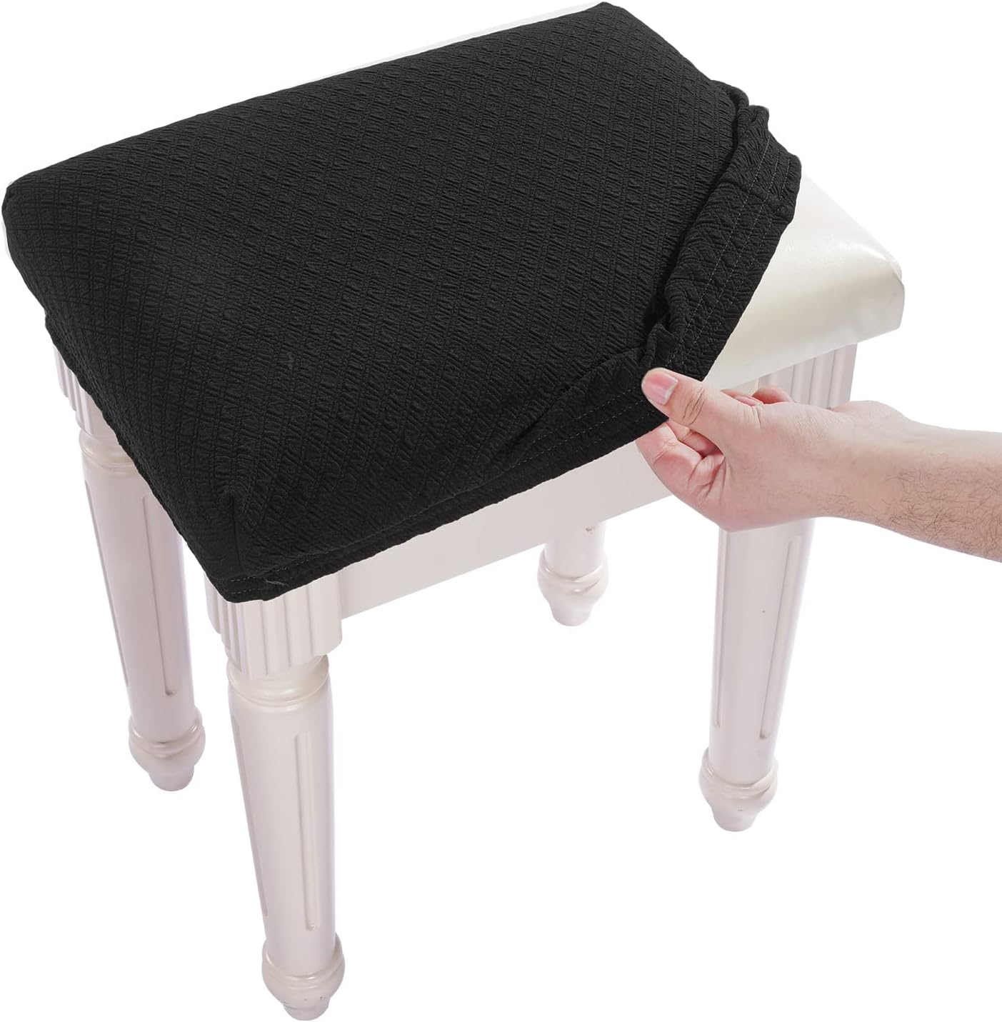 BUYUE Luxury Vanity Bench Stool Cover, (15"- 20") L x (11.8"- 15.7") W Rectangle Small Bench Stretch Jacquard Washable Slipcover (XS, Black)