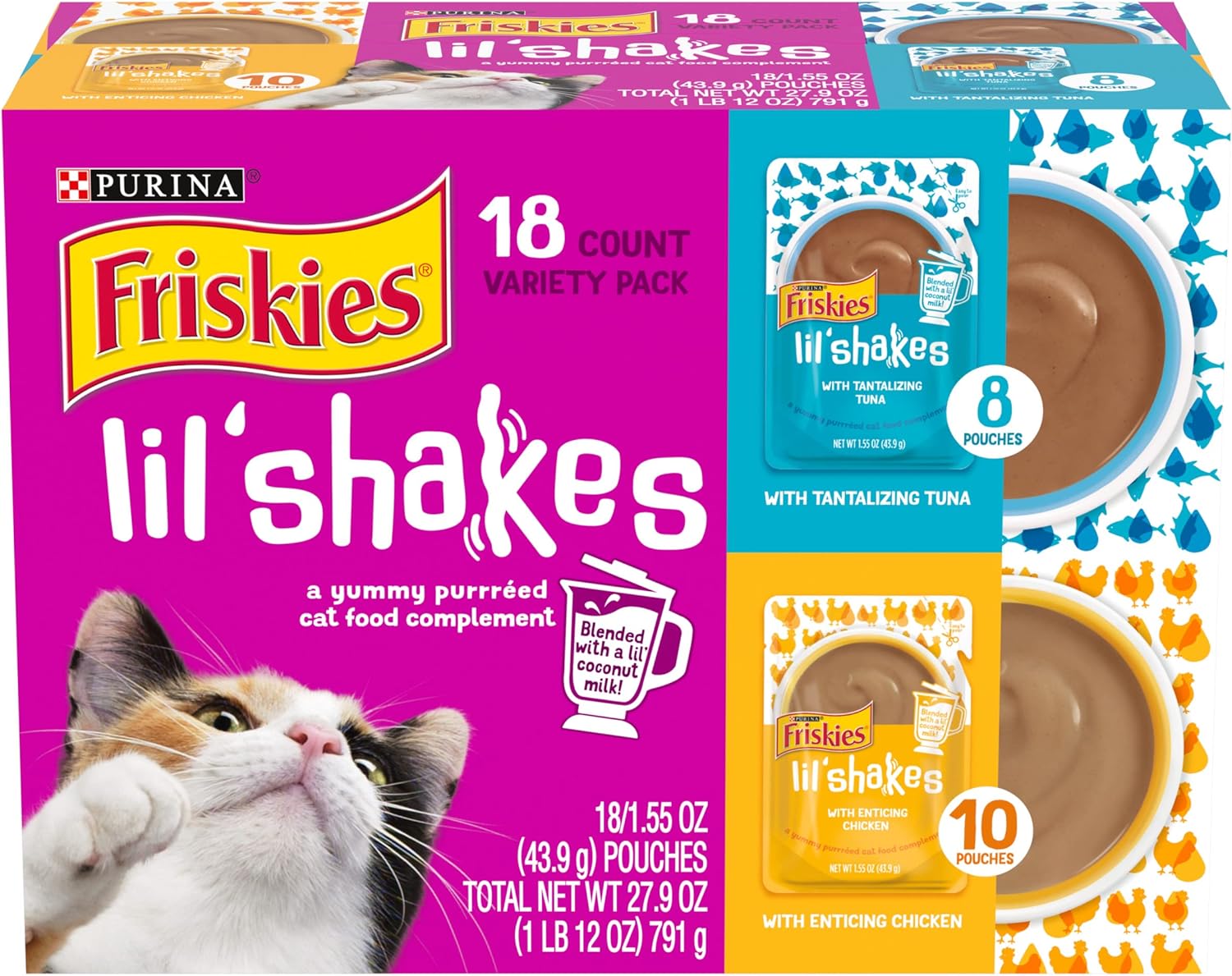 Purina Friskies Pureed Cat Food Topper Variety Pack, Lil' Shakes With Chicken and With Tuna Varieties Lickable Cat Treats - (Pack of 18) 1.55 oz. Pouches