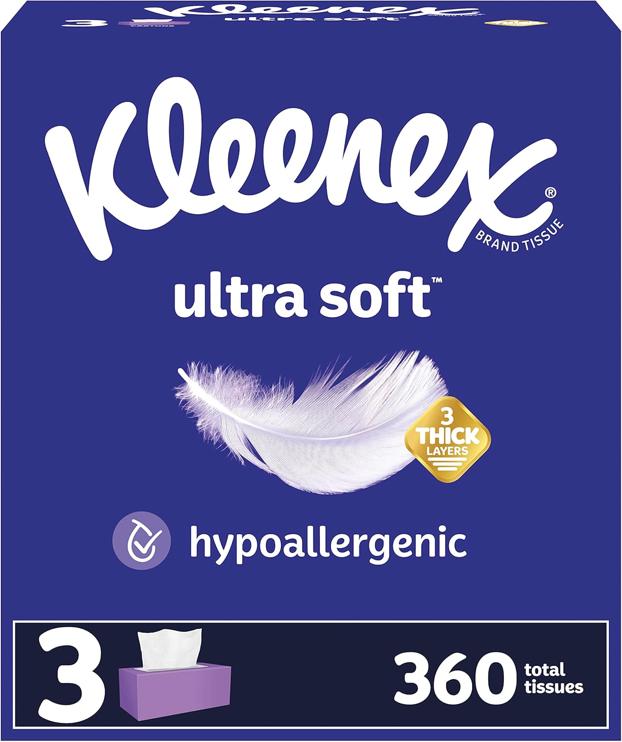 Kleenex Ultra Soft Facial Tissues, 3 Flat Boxes, 120 Tissues per Box, 3-Ply (360 Total Tissues), Packaging May Vary