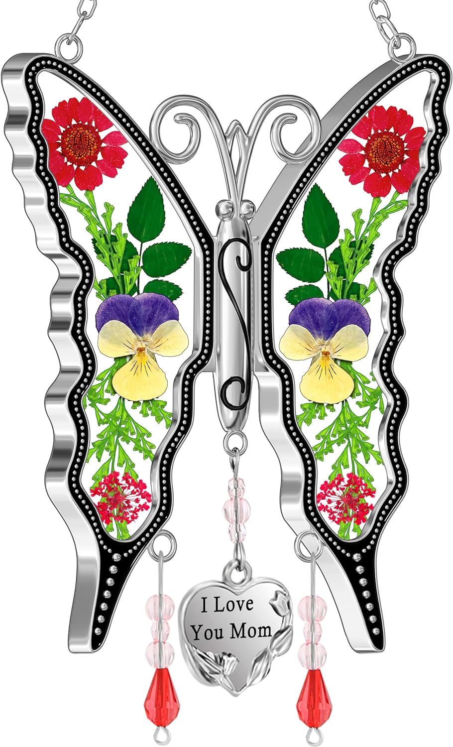 KY&BOSAM Gifts for Mom Suncatcher Butterfly Mom Gifts Mothers Day I Love You Mom-Stained Glass Sun Catcher Hanging Wind Chime Ornament for Window Gift for Mother`s Day Valentine`s Birthday Christmas