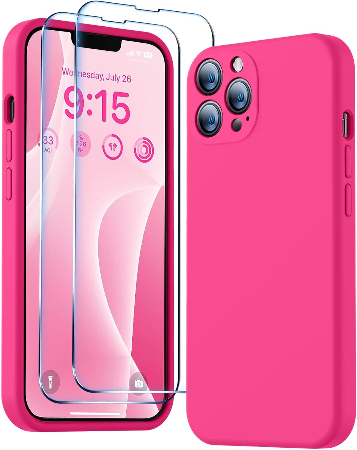 BossKiss Compatible with iPhone 13 Pro Max Case, Premium Liquid Silicone Case [Velvety Touch] [2 Pcs 9H Tempered Glass Screen Protector], Camera All-Round Protection Shockproof Kit Case, Hot Pink