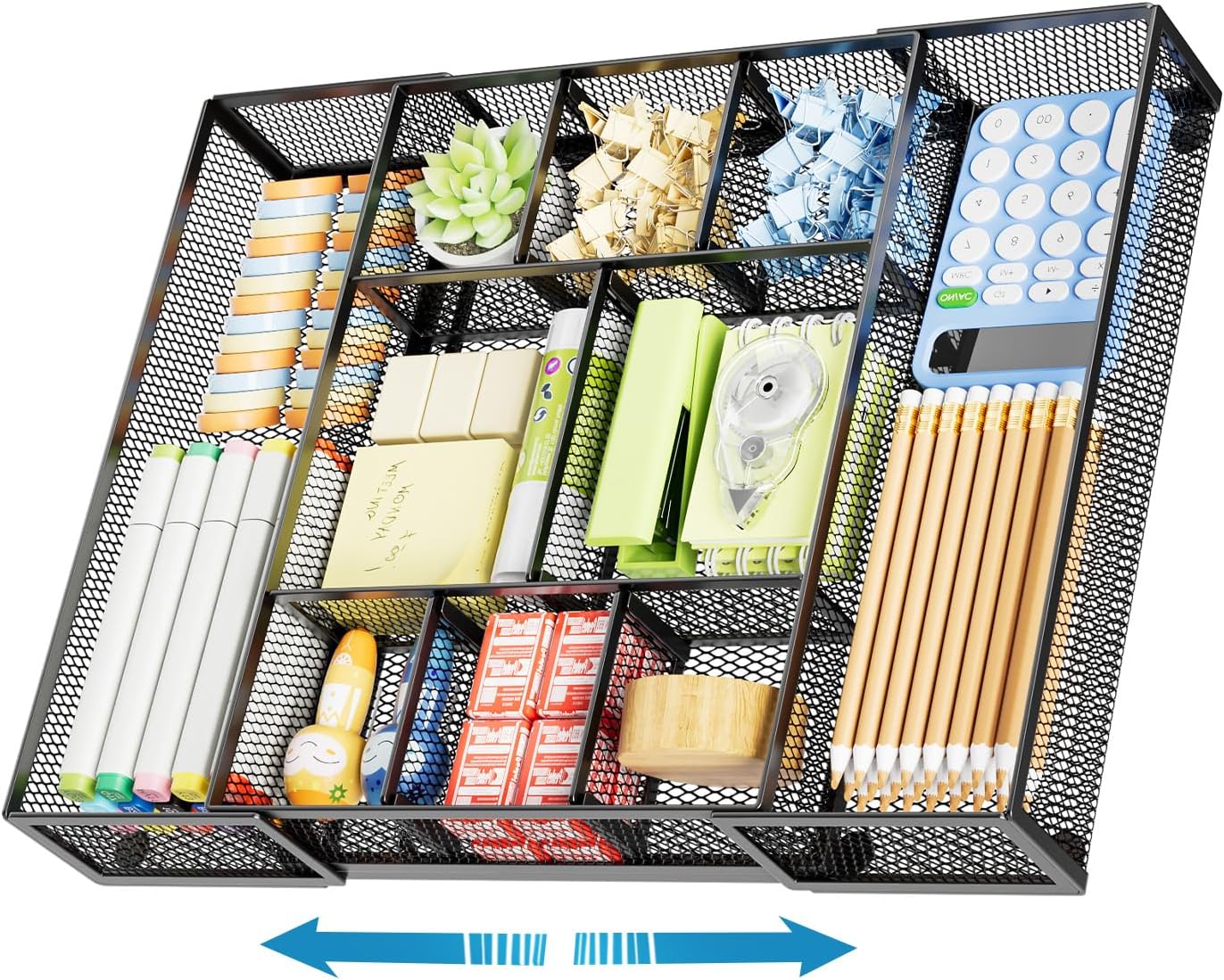 Marbrasse Expandable Desk Drawer Organizer, Mesh Drawer Organizer Tray with 10 Adjustable Compartments, Desk Organizers and Accessories, 5 Dividers Drawer for Office Supplies, Makeup & Vanity (Black)