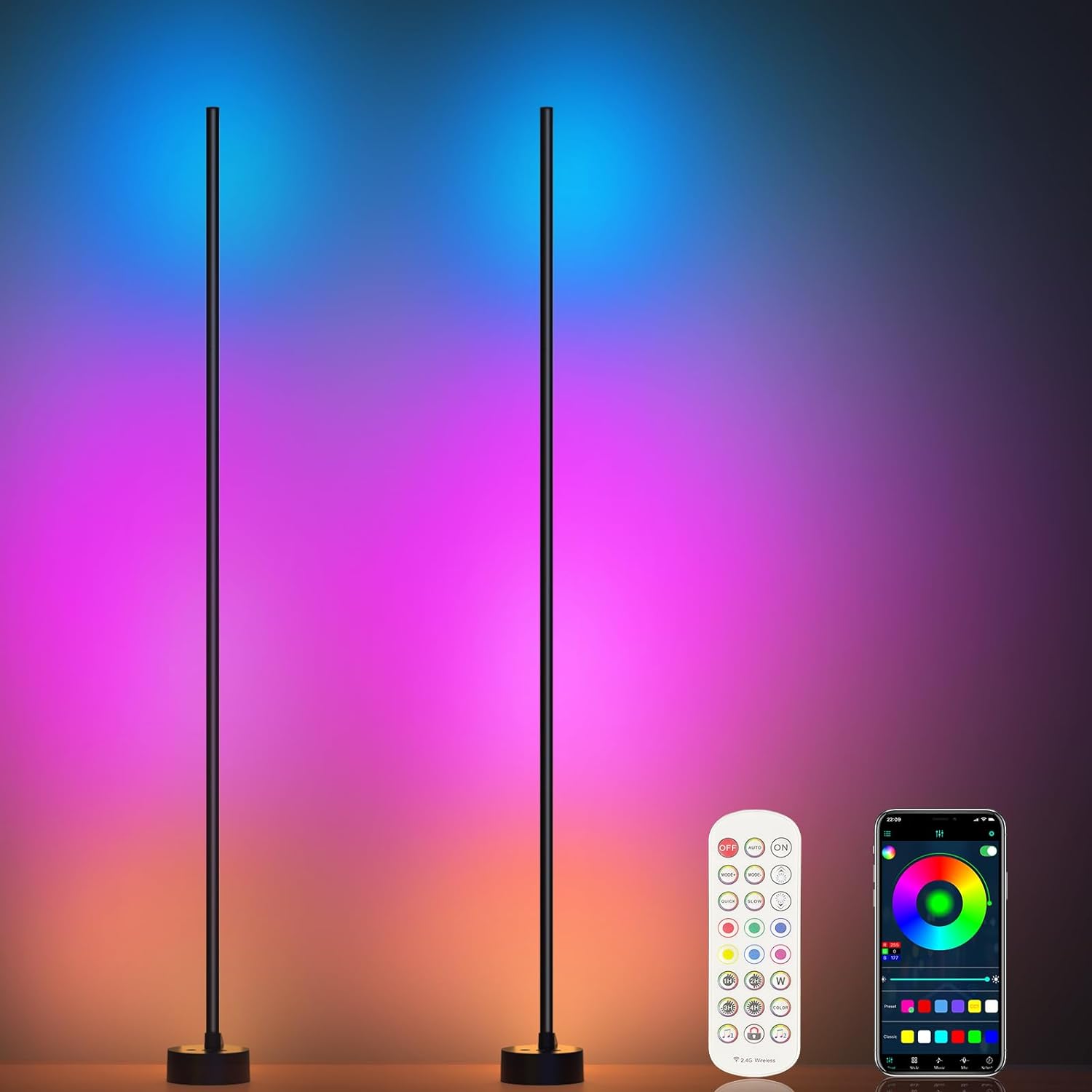 Corner Floor Lamp, 2 Pack Smart LED Corner Lamp Works with App/Remote/Button Control, RGB Floor Lamp with 16 Million DIY Colors, 68  Scene, Music Sync for Living Room, Gaming Room, etc