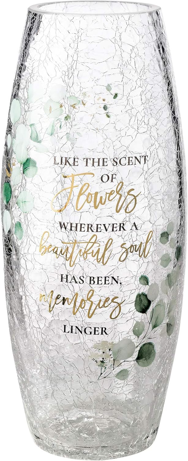 Lillian Rose Crackle Glass Memorial Flower Vase with Sympathy Verse, 9.75, Multi