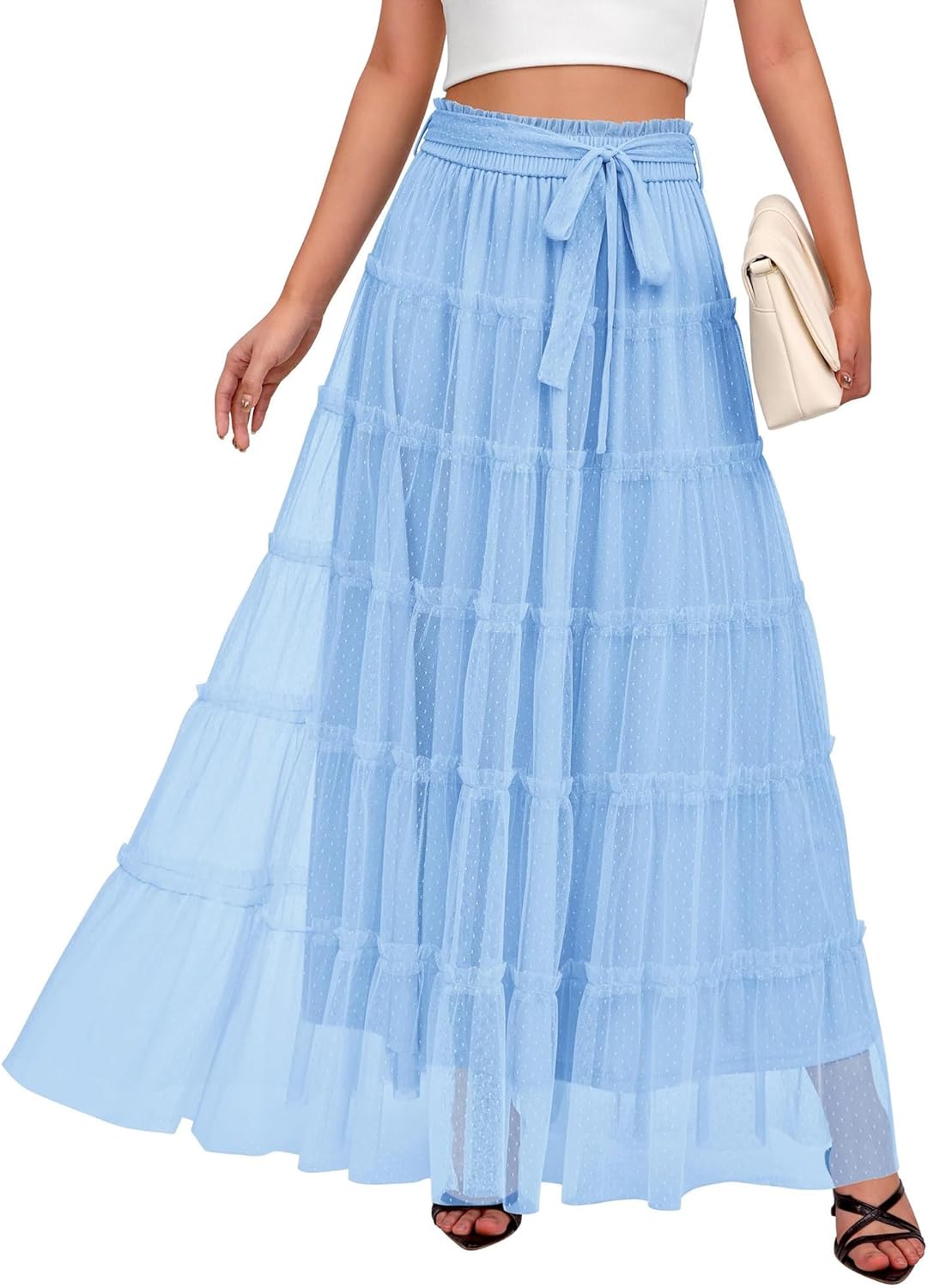 BTFBM Women' Skirts Party Cocktail 2024 Summer Fairy Skirt Elastic Waist Ruffle Tiered A-Line Belt Tulle Maxi Dresses