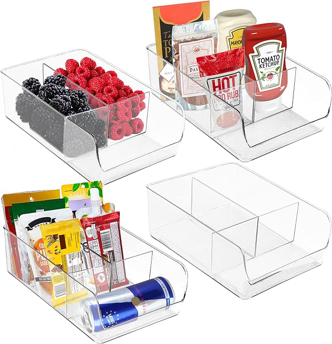 Utopia Home Pack of 04 Fridge and Pantry Organizer Bins for Food Packet, Seasoning Mix, Spices/Sauce Pouches, Snacks - 3 Divided Section Storage for Kitchen, Cabinet, Counter top & Bathroom