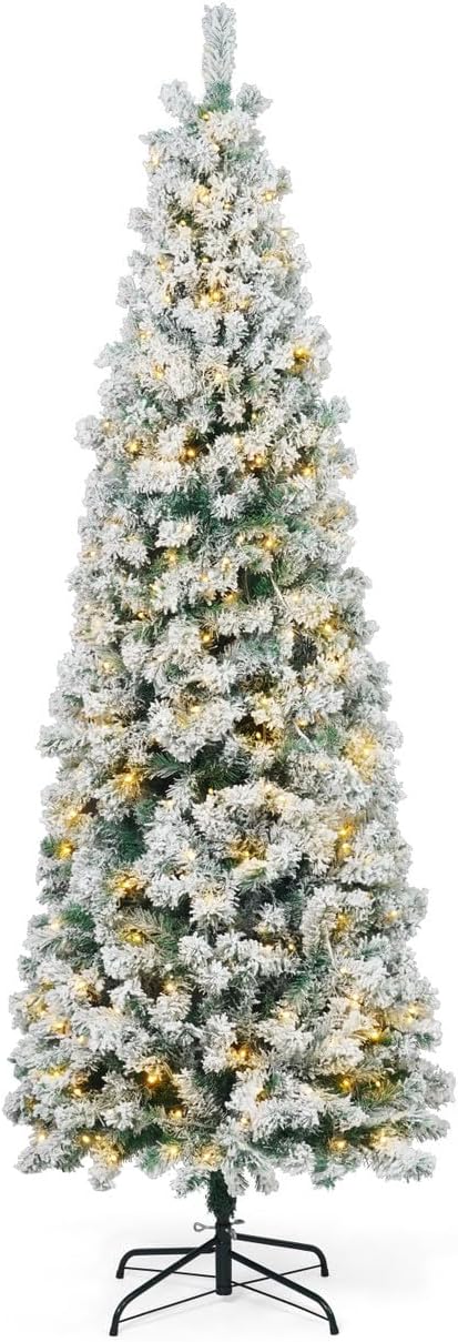 CAPHAUS 7.5 Feet Pre-lit Artificial Snow Flocked Christmas Pencil Tree w/ 980 Pre-Hinged Branch Tips & Foldable Stand, Fake Slim Christmas Tree for Indoor, Pencil Christmas Tree w/ 350 LED Lights