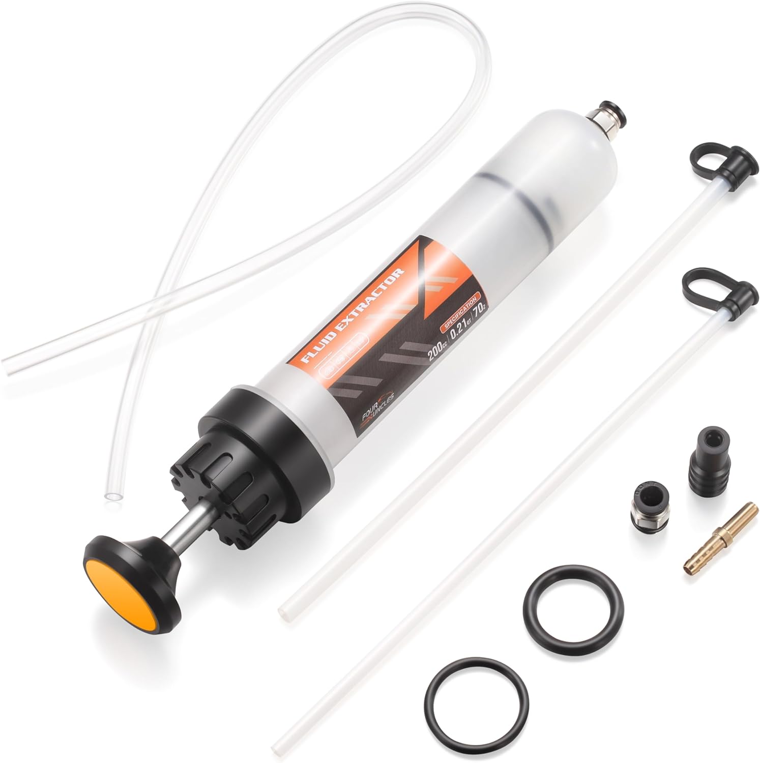 FOUR UNCLES 200cc Fluid Extractor, Extraction & Fill Pump, Oil Change Syringe with Hose and 23 Extension Tube, Automotive Oil Syringe, Fluid Oil Change Evacuator