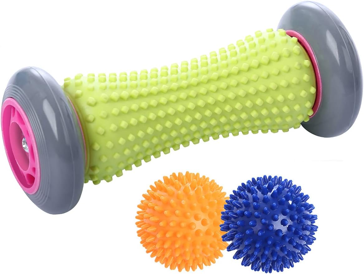 Ryson Foot Roller Massage Ball for Relief Plantar Fasciitis and Reflexology Massager for Deep Tissue Acupresssure Recovery for PLA Relax Foot Back Leg Hand Tight Muscle, 1 roller and 2 Spiky Balls