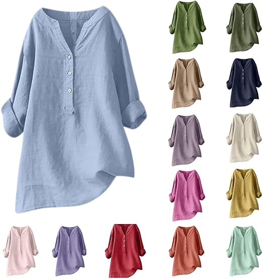 DASAYO Womens Linen Tunics or Tops to Wear with Leggings V Neck Half Button up Long Sleeve Shirts