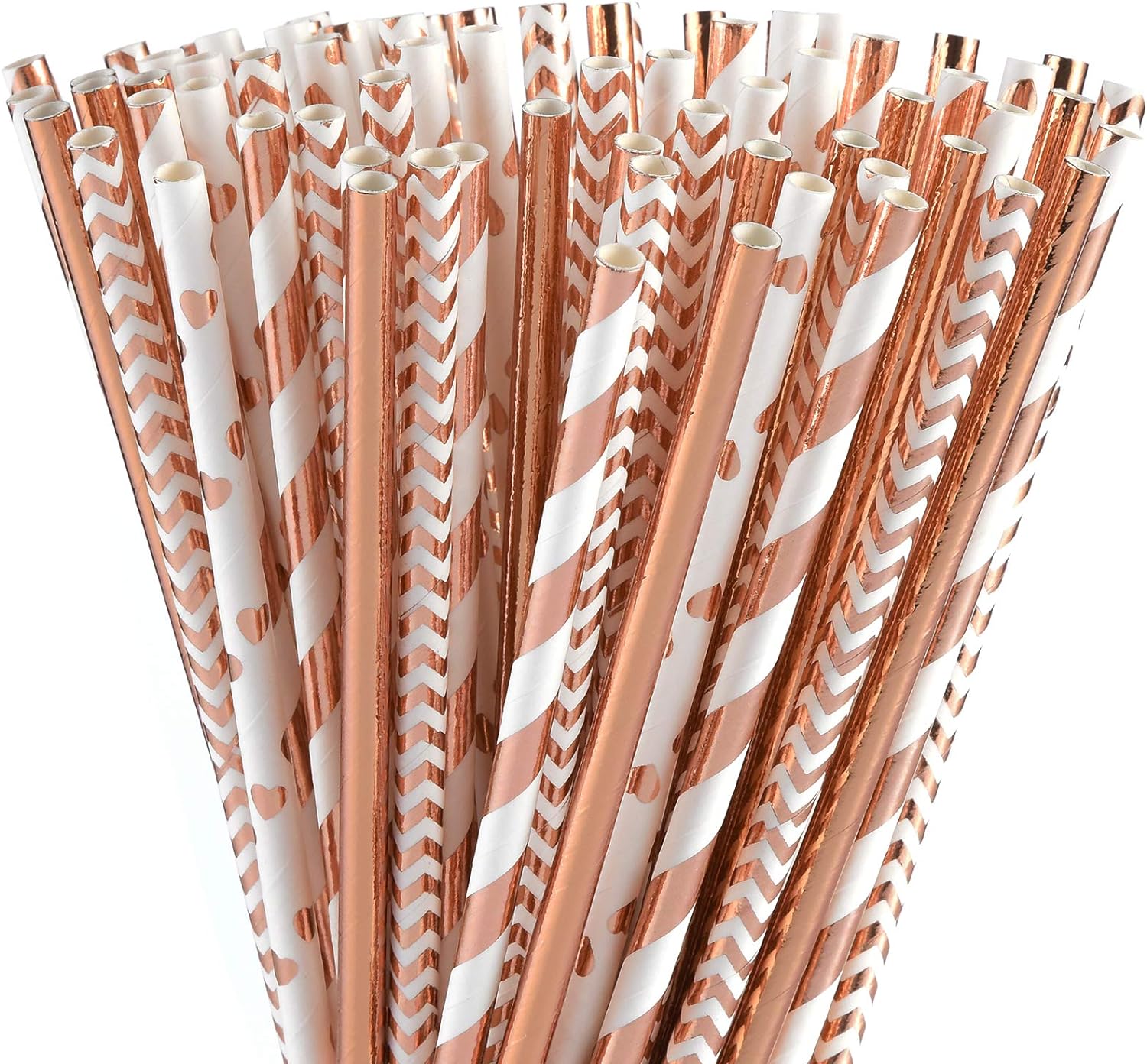 ALINK Biodegradable Rose Gold Paper Straws Bulk, Pack of 100 Metallic Foil Striped/Wave/Heart Straws for Birthday, Wedding, Bridal/Baby Shower, Christmas Decorations and Party Supplies