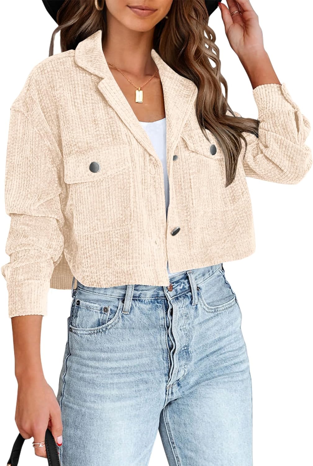 BTFBM Women' Corduroy Cropped Jacket 2024 Winter Fall Lapel Button Down Casual Short Shacket Jackets Coats with Pockets