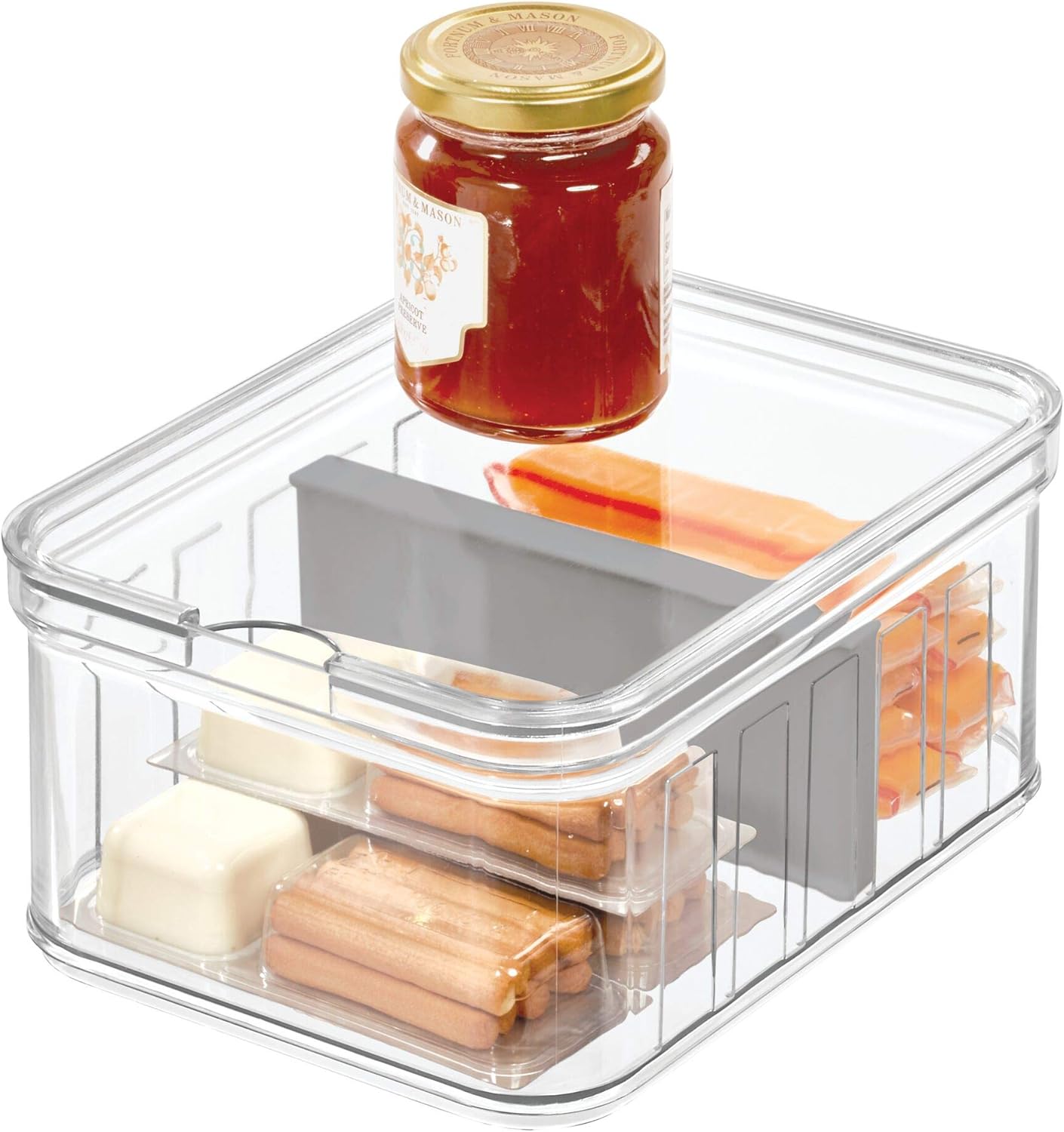 iDesign Plastic Crisp Divided Fruit and Vegetable Storage with Easy to Grip Integrated Handles Designed to Keep Food Fresh Longer, 8.32 x 6.32 x 3.76, 2 Section