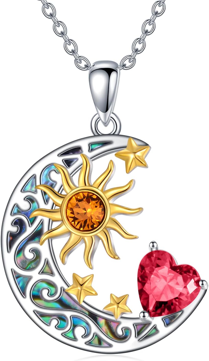 AOBOCO 925 Sterling Silver Sun and Moon Star Pendant Necklace with Simulated Birthstone, Birthday Christmas Jewelry Gift for Women Teen Girls