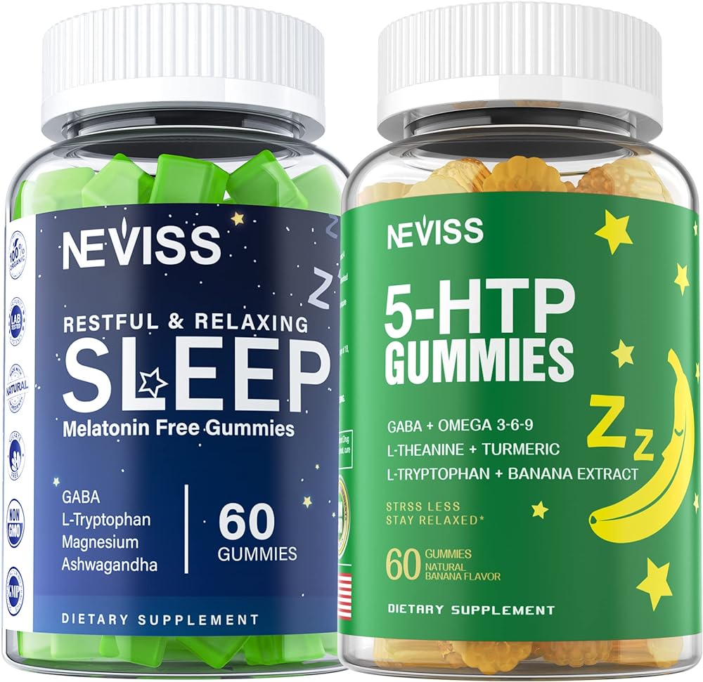 Melatonin Free Sleep Aid Gummies   5-HTP Gummies for Adults , with GABA, L-Theanine, L-Tryptophan, Magnesium, Ashwagandha, Turmeric - Non-Habit Forming, Banana Extract Help for Deep Relaxation, Calm