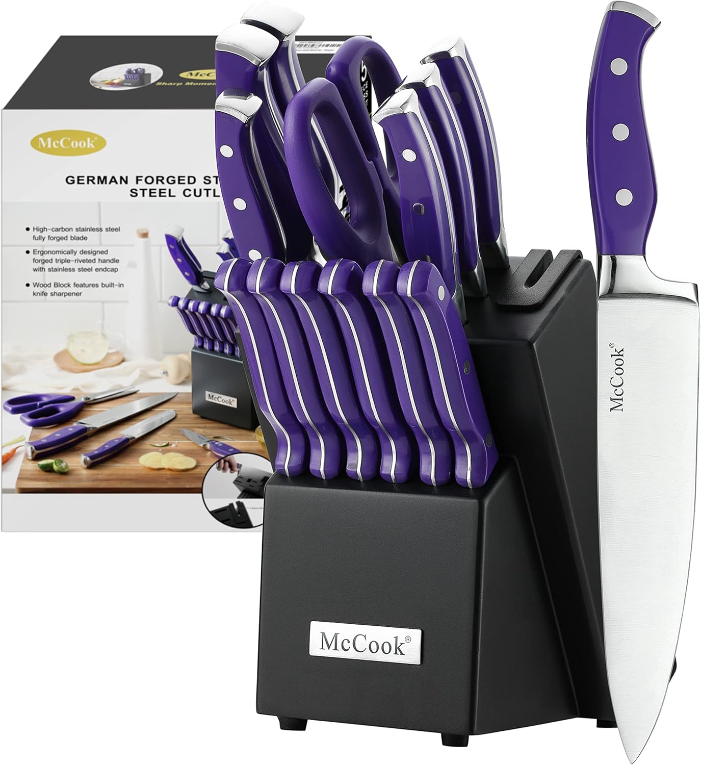 McCook MC27 14 Pieces Stainless Steel kitchen knife set with Wooden Block, Kitchen Scissors and Built-in Sharpener, Purple