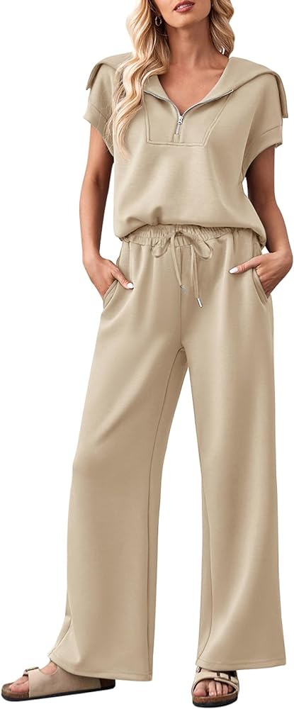 MEROKEETY Women 2 Piece Outfits Sweatsuit Set Half Zip Lapel Collar Short Sleeve Sweatshirt Wide Leg Sweatpant Tracksuit Sets