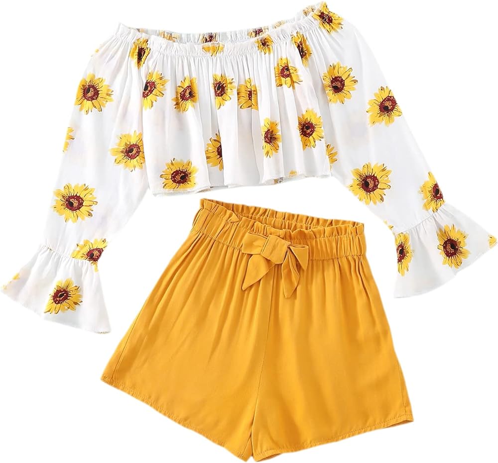 SOLY HUX Girl's 2 Piece Outfit Summer Boho Floral Print Long Sleeve Top and Shorts Set Cute Clothes for Girls