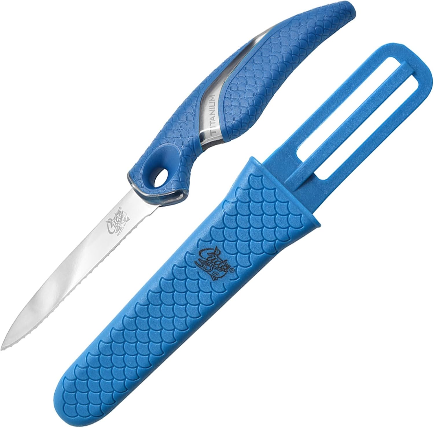 CUDA 3 Net Knife Saltwater & Freshwater Serrated Edge Titanium Bonded Stainless Steel Blade Knife with Non-Slip Scale Pattern Grip | Sheath Included