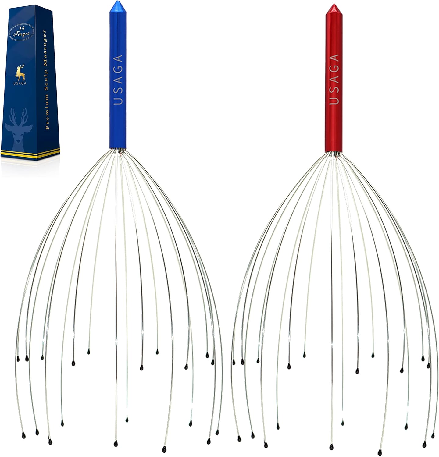 USAGA Head Scratcher, 20 Fingers Scalp Massager, Head Whisk Massager for Head Body Stress Relax [2-Pack] Updated Version (Red & Blue)