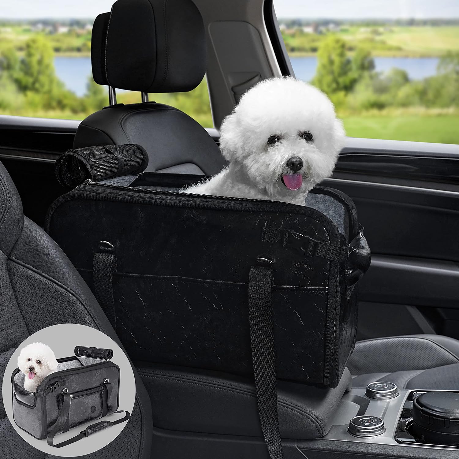 Pet Dog Car Seat for Small Dog Large Center Console Dog Car Seat for Puppy Cat Dog Travel Protable Booster Seat Anti-Slip Dog Car Bed Carseat PU Leather 0-22 lbs