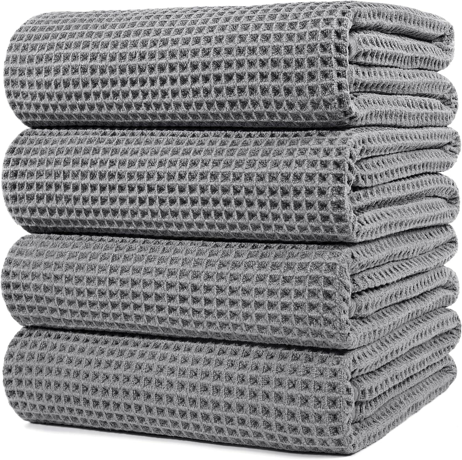 POLYTE Microfiber Oversize Quick Dry Lint Free Bath Towel, 60 x 30 in, 4 Pack (Gray, Waffle Weave)